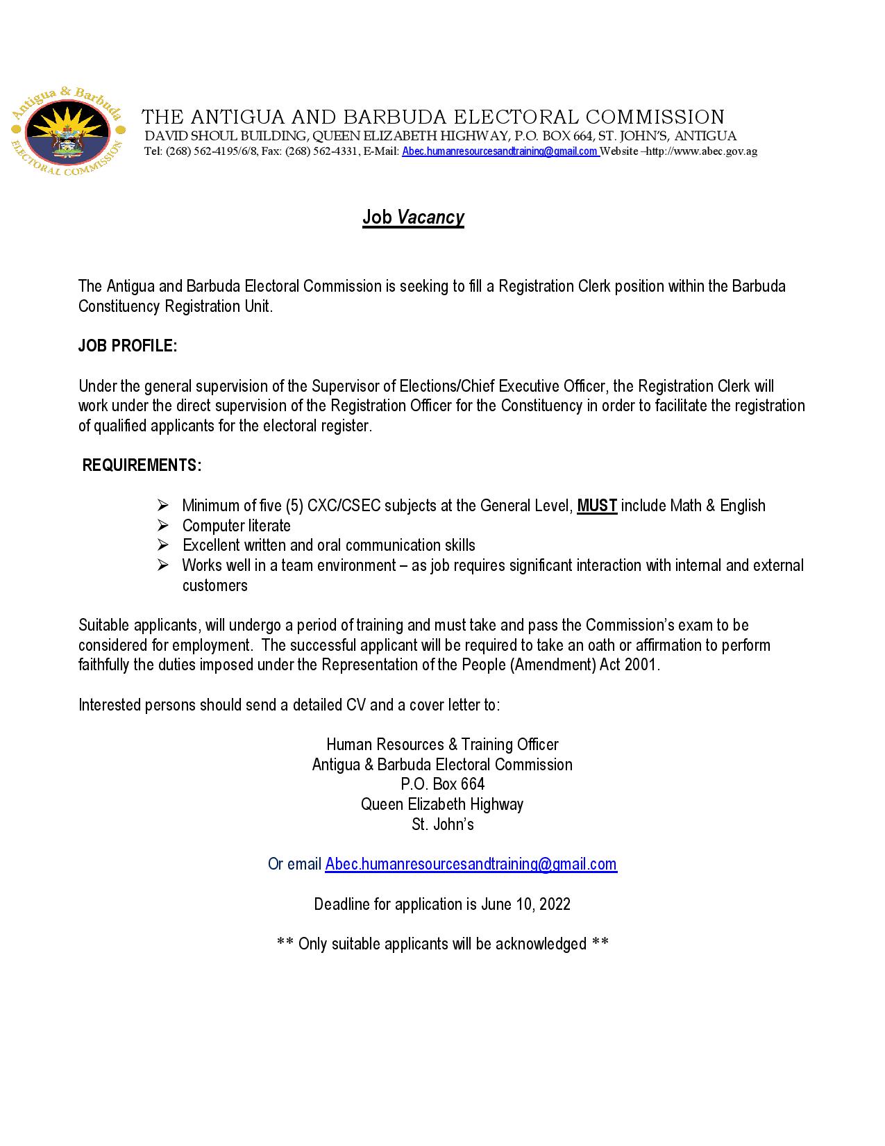 JOB VACANCY Registration Clerk for Barbuda Antigua News Room