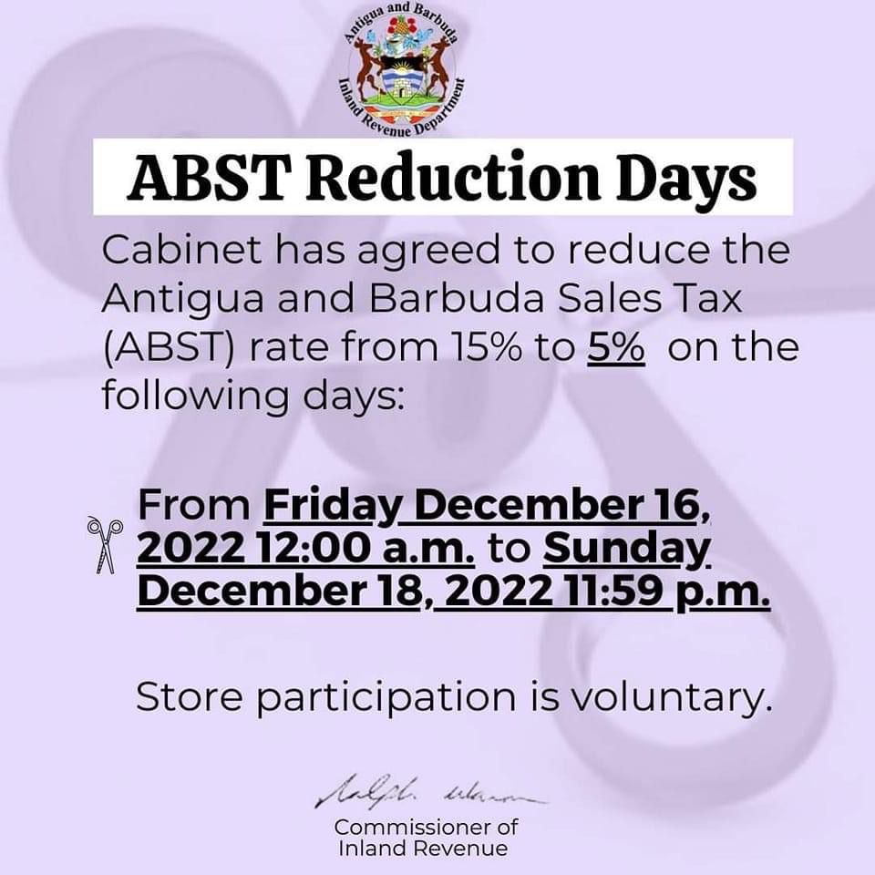 Cabinet Announces ABST Reduction Days - Antigua News Room