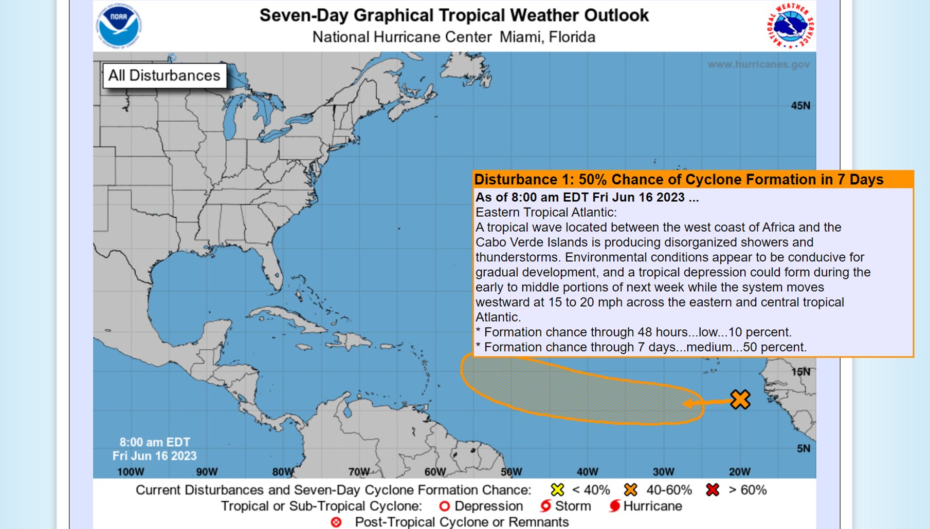 The Tropical Disturbance just off Africa is now up to a 50% chance of ...