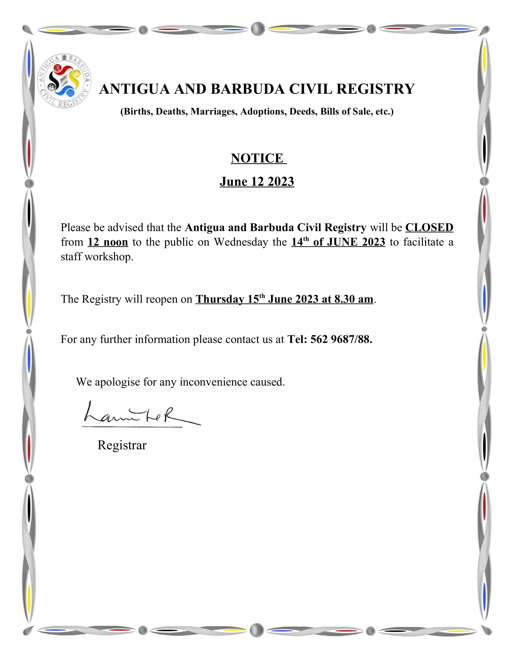Antigua and Barbuda Civil Registry Closed for Staff Workshop on June