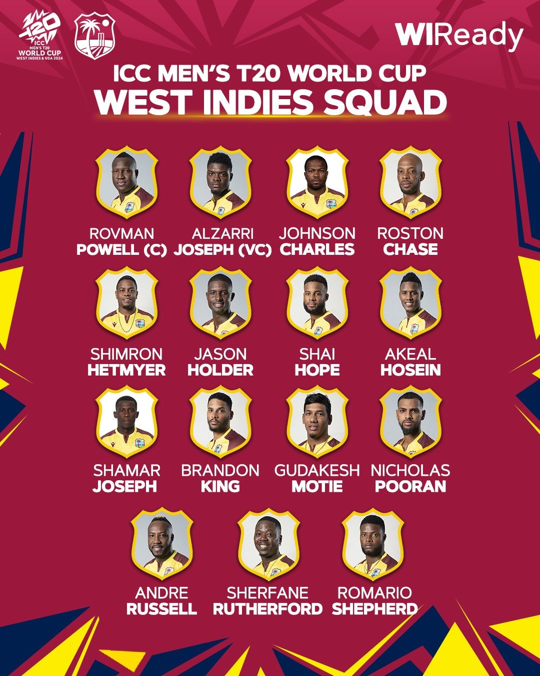 The West Indies Squad for the ICC Men's T20 Men's World Cup Announced